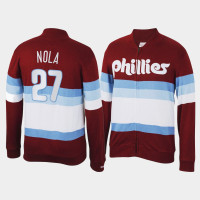 Men's Philadelphia Phillies Aaron Nola Burgundy Front Stripe Mitchell & Ness Full-Zip Sweater Men's Philadelphia Phillies Aaron Nola Burgundy Front Stripe Mitchell & Ness Full-Zip Sweater