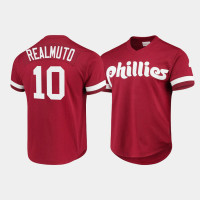 Men's Philadelphia Phillies #10 J.T. Realmuto Cooperstown Collection Mesh Batting Practice Scarlet Jersey